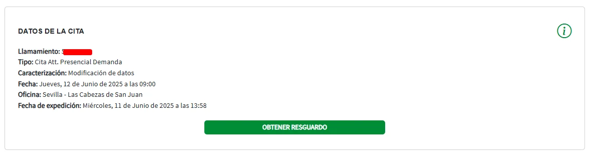 Cita SAE pedida correctamente